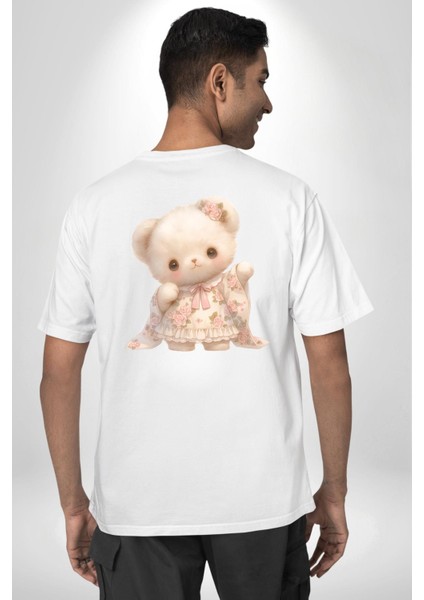 Kawaii Stil Özel Pembe Çiçek Motifli Ayıcık Beyaz Oversize Kadın Erkek Ön ve Sırt Baskılı Tişört indirimleri