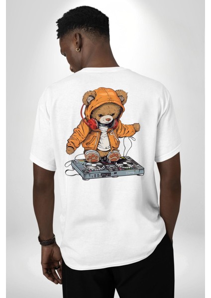 Dj Ayıcık Müzik Temalı Kapüşonlu Teddy Beyaz Oversize Kadın Erkek Ön ve Sırt Baskılı Tişört fiyatları