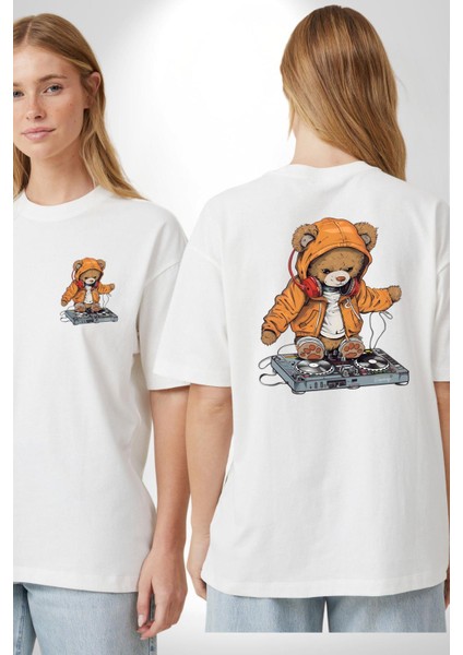 Dj Ayıcık Müzik Temalı Kapüşonlu Teddy Beyaz Oversize Kadın Erkek Ön ve Sırt Baskılı Tişört fırsatları