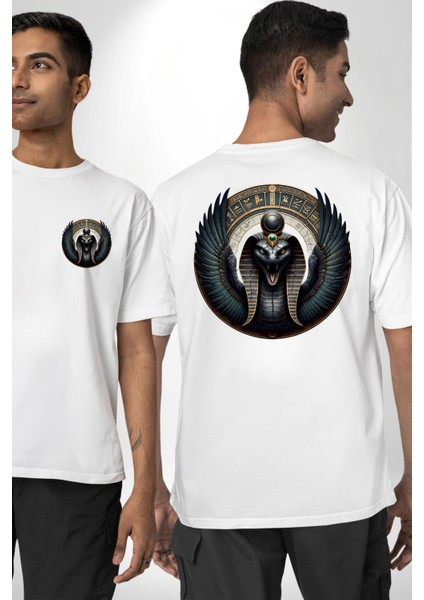 Wadjet Kanatlı Yılan Mısır Tanrıçası Mısır Beyaz Oversize Kadın Erkek Ön ve Sırt Baskılı Tişört