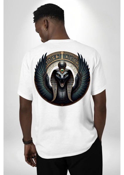 Wadjet Kanatlı Yılan Mısır Tanrıçası Mısır Beyaz Oversize Kadın Erkek Ön ve Sırt Baskılı Tişört fiyatları