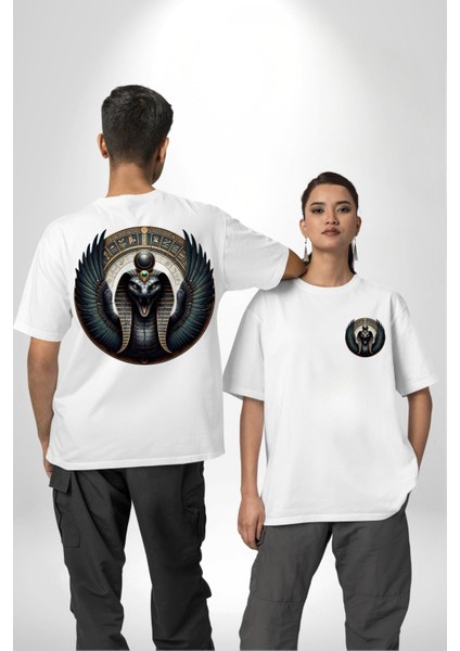 Wadjet Kanatlı Yılan Mısır Tanrıçası Mısır Beyaz Oversize Kadın Erkek Ön ve Sırt Baskılı Tişört fırsatları