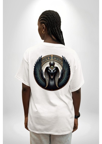 Wadjet Kanatlı Yılan Mısır Tanrıçası Mısır Beyaz Oversize Kadın Erkek Ön ve Sırt Baskılı Tişört indirimleri