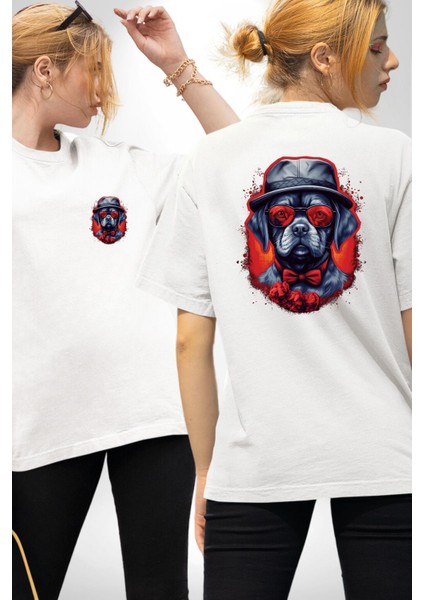 Romantik Gangster Köpek Şapkalı Güllü Beyaz Oversize Kadın Erkek Ön ve Sırt Baskılı Tişört