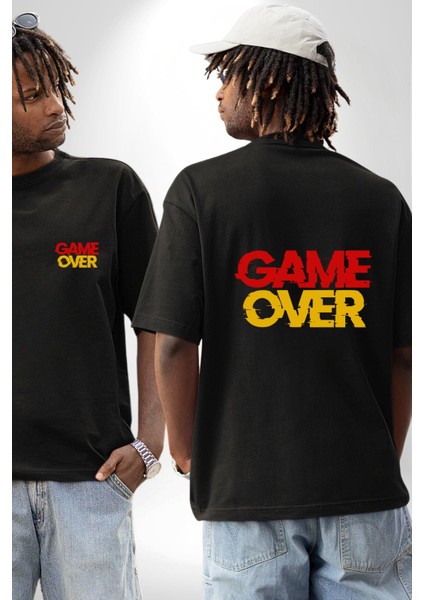 Game Over Baskılı Oyun Tutkunları Için Grafik Siyah Oversize Kadın Erkek Ön ve Sırt Baskılı Tişört