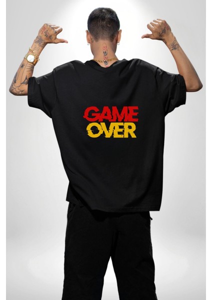 Game Over Baskılı Oyun Tutkunları Için Grafik Siyah Oversize Kadın Erkek Ön ve Sırt Baskılı Tişört fiyatları
