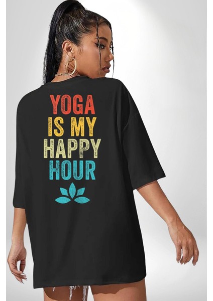 Yoga Tutkusu ve Mutluluk Saati Siyah Oversize Kadın Erkek Ön ve Sırt Baskılı Tişört fiyatları