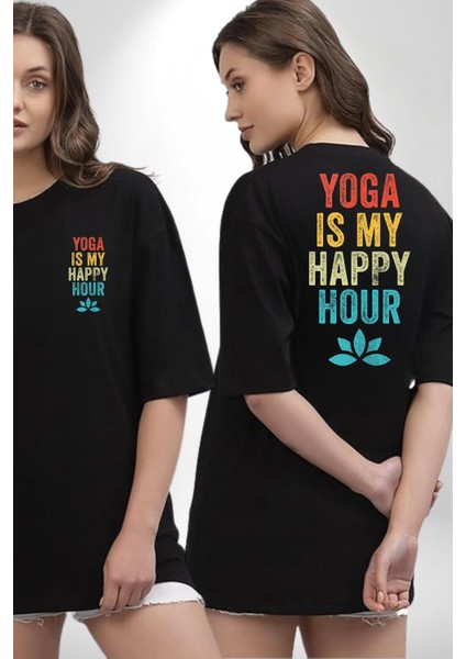 Yoga Tutkusu ve Mutluluk Saati Siyah Oversize Kadın Erkek Ön ve Sırt Baskılı Tişört fırsatları