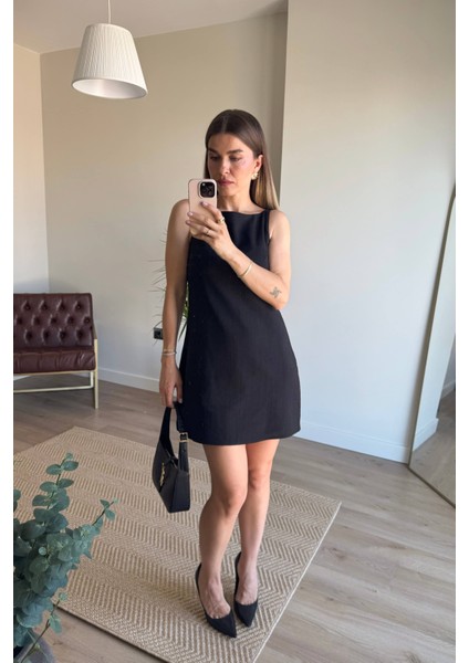 Siyah Kare Yaka Askılı Astarlı Premium Keten Elbise