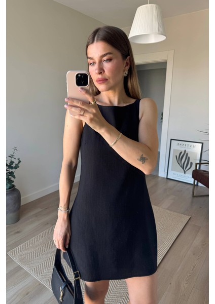 Siyah Kare Yaka Askılı Astarlı Premium Keten Elbise fiyatları