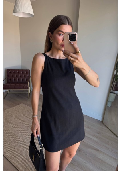 Siyah Kare Yaka Askılı Astarlı Premium Keten Elbise modelleri