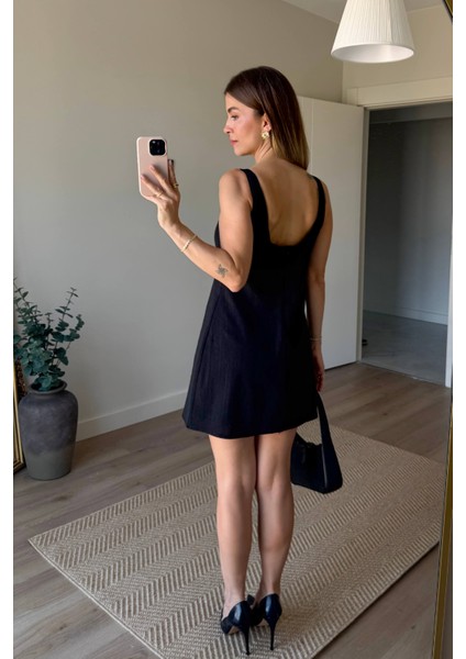 Siyah Kare Yaka Askılı Astarlı Premium Keten Elbise fırsatları