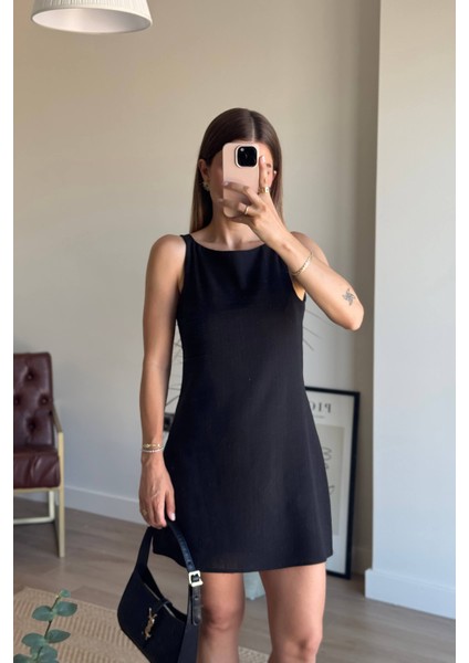 Siyah Kare Yaka Askılı Astarlı Premium Keten Elbise indirimleri