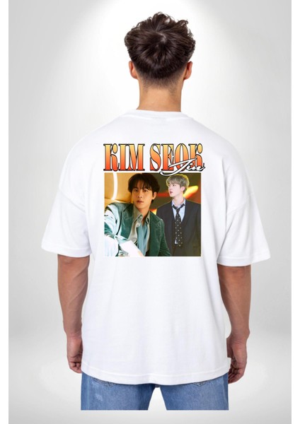 Kim Seok Jin Şarkıcı Kore Pop Beyaz Oversize Kadın Erkek Ön ve Sırt Baskılı Tişört indirimleri