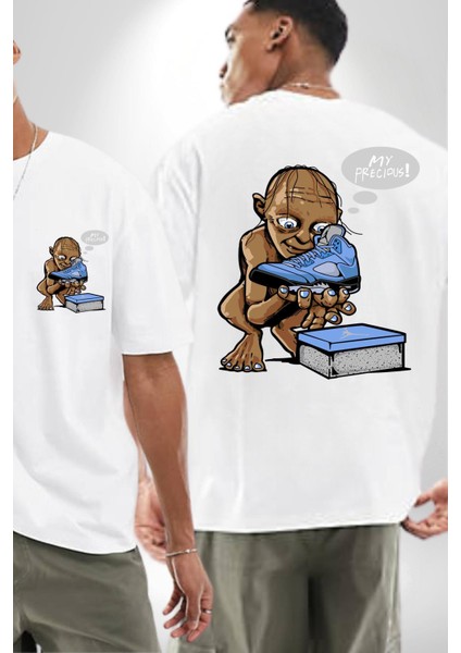 Spor Ayakkabı Aşkı Gollum Tarzı Beyaz Oversize Kadın Erkek Ön ve Sırt Baskılı Tişört