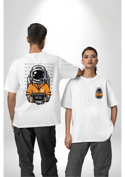 Uzay Polisi Astronot Beyaz Oversize Kadın Erkek Ön ve Sırt Baskılı Tişört