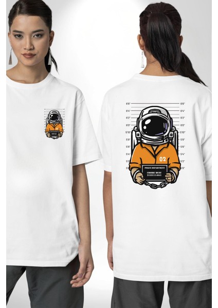 Uzay Polisi Astronot Beyaz Oversize Kadın Erkek Ön ve Sırt Baskılı Tişört fırsatları
