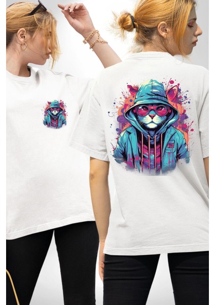 Cool Grafiti Sanatı Kedi Temalı Beyaz Oversize Kadın Erkek Ön ve Sırt Baskılı Tişört