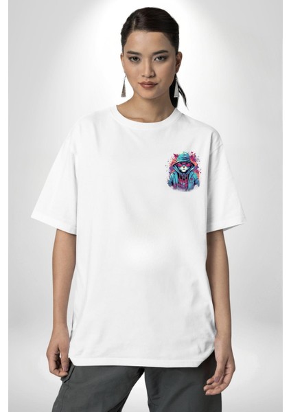 Cool Grafiti Sanatı Kedi Temalı Beyaz Oversize Kadın Erkek Ön ve Sırt Baskılı Tişört modelleri