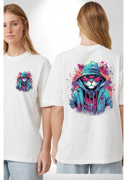 Cool Grafiti Sanatı Kedi Temalı Beyaz Oversize Kadın Erkek Ön ve Sırt Baskılı Tişört fırsatları