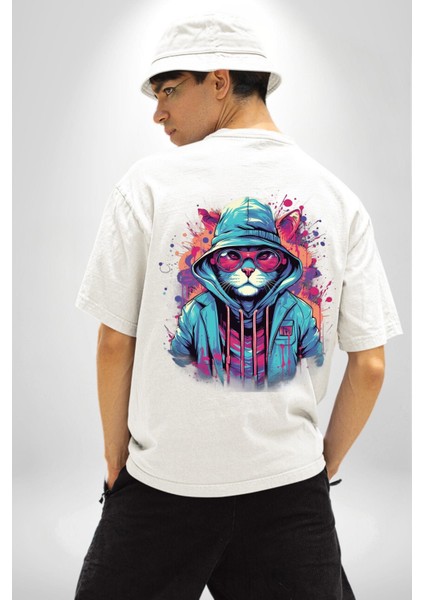 Cool Grafiti Sanatı Kedi Temalı Beyaz Oversize Kadın Erkek Ön ve Sırt Baskılı Tişört indirimleri