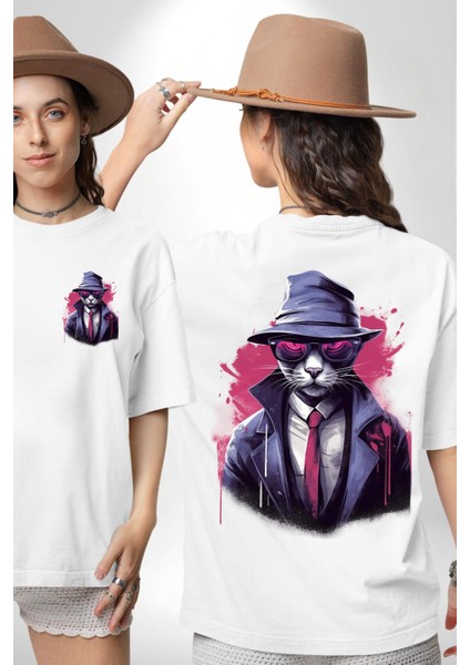 Cool Dedektif Kedi Beyaz Oversize Kadın Erkek Ön ve Sırt Baskılı Tişört