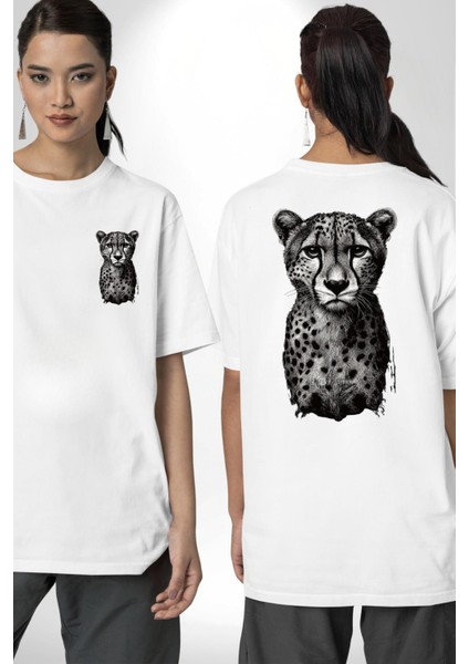 Leopar Beyaz Beyaz Beyaz Oversize Kadın Erkek Ön ve Sırt Baskılı Tişört