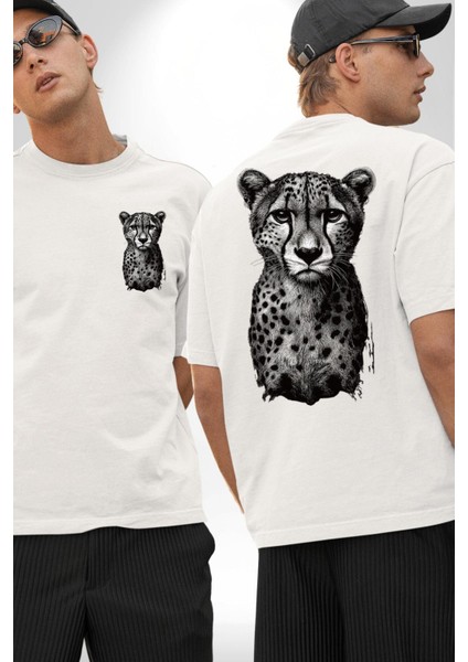 Leopar Beyaz Beyaz Beyaz Oversize Kadın Erkek Ön ve Sırt Baskılı Tişört fırsatları