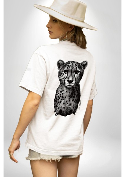 Leopar Beyaz Beyaz Beyaz Oversize Kadın Erkek Ön ve Sırt Baskılı Tişört indirimleri