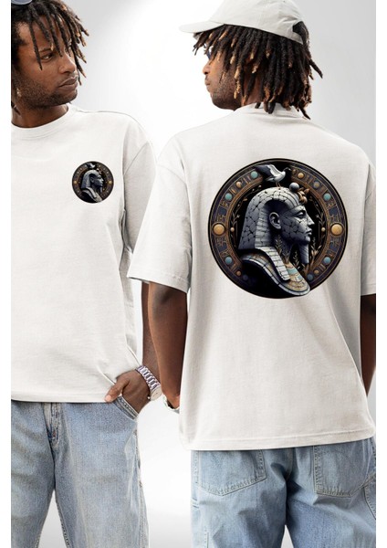 Mısır Firavun Geb Dünya Verimlilik ve Yılanlar Beyaz Oversize Kadın Erkek Ön ve Sırt Baskılı Tişört fırsatları