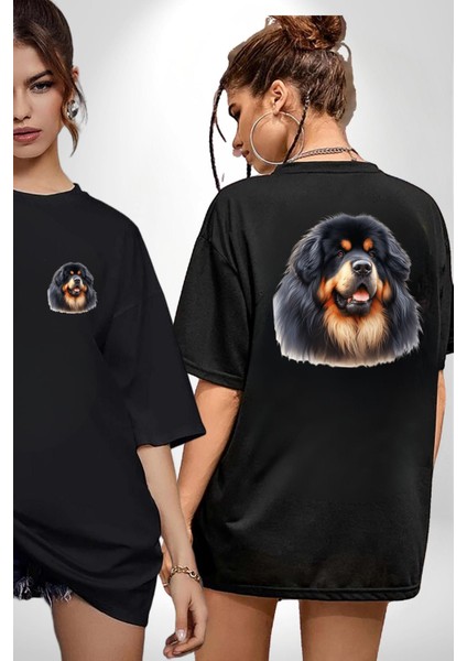 Tibetan Mastiff Güçlü Sadık Köpek Siyah Oversize Kadın Erkek Ön ve Sırt Baskılı Tişört