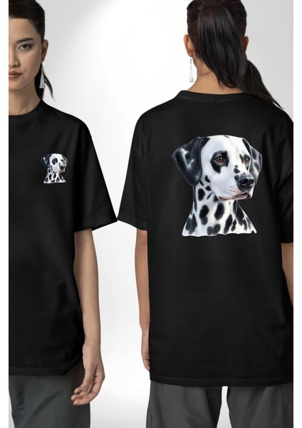 Dalmaçya Köpek Siyah Oversize Kadın Erkek Ön ve Sırt Baskılı Tişört