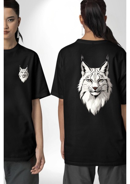 Doğa ve Hayvanseverlere Özel Vaşak Siyah Oversize Kadın Erkek Ön ve Sırt Baskılı Tişört