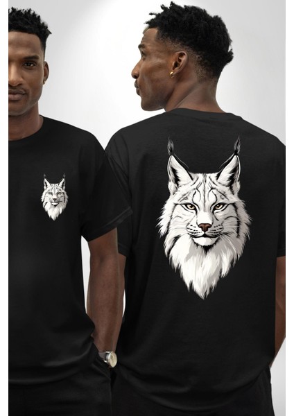 Doğa ve Hayvanseverlere Özel Vaşak Siyah Oversize Kadın Erkek Ön ve Sırt Baskılı Tişört fırsatları