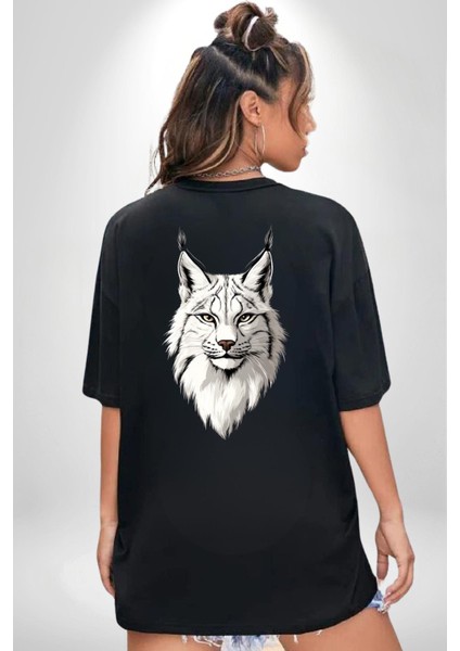 Doğa ve Hayvanseverlere Özel Vaşak Siyah Oversize Kadın Erkek Ön ve Sırt Baskılı Tişört indirimleri