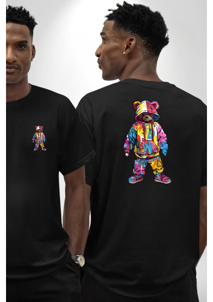 Color Splash Urban Vibes Teddy Siyah Oversize Kadın Erkek Ön ve Sırt Baskılı Tişört