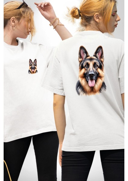 Efsane Alman Çoban Köpeği Aşk Köpek Dostu Beyaz Oversize Kadın Erkek Ön ve Sırt Baskılı Tişört