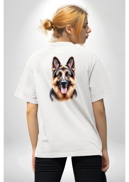 Efsane Alman Çoban Köpeği Aşk Köpek Dostu Beyaz Oversize Kadın Erkek Ön ve Sırt Baskılı Tişört fiyatları