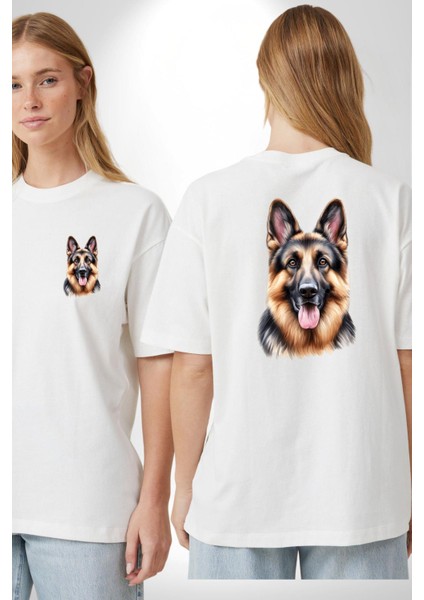 Efsane Alman Çoban Köpeği Aşk Köpek Dostu Beyaz Oversize Kadın Erkek Ön ve Sırt Baskılı Tişört fırsatları