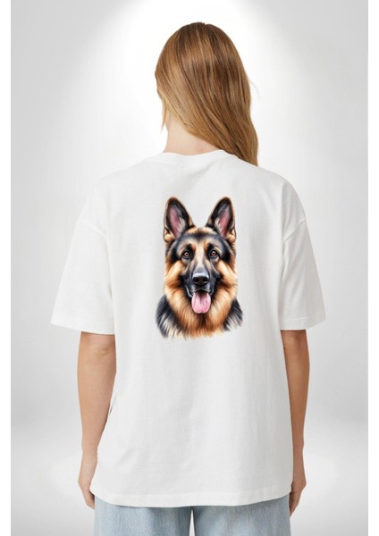 Efsane Alman Çoban Köpeği Aşk Köpek Dostu Beyaz Oversize Kadın Erkek Ön ve Sırt Baskılı Tişört indirimleri