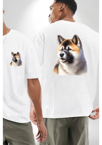 Akita Inu Aşkı Köpek Beyaz Oversize Kadın Erkek Ön ve Sırt Baskılı Tişört