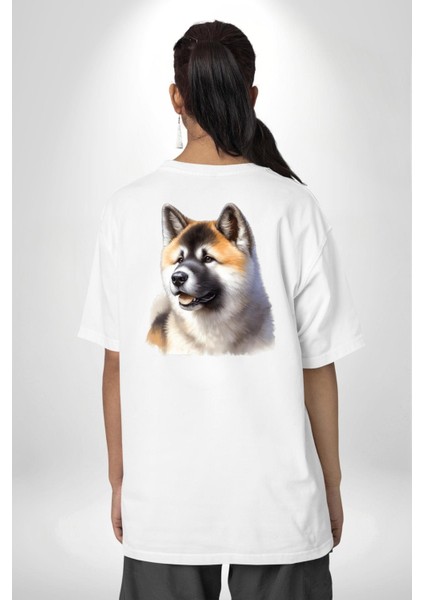 Akita Inu Aşkı Köpek Beyaz Oversize Kadın Erkek Ön ve Sırt Baskılı Tişört fiyatları