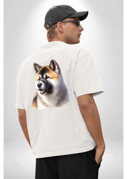 Akita Inu Aşkı Köpek Beyaz Oversize Kadın Erkek Ön ve Sırt Baskılı Tişört indirimleri