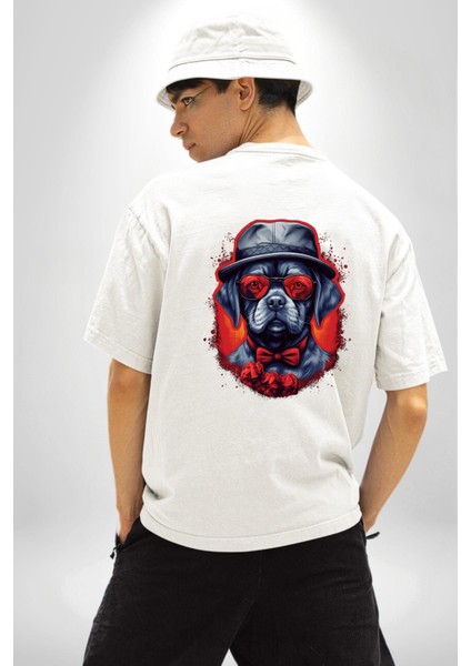 Romantik Gangster Köpek Şapkalı Güllü Beyaz Oversize Kadın Erkek Ön ve Sırt Baskılı Tişört fiyatları