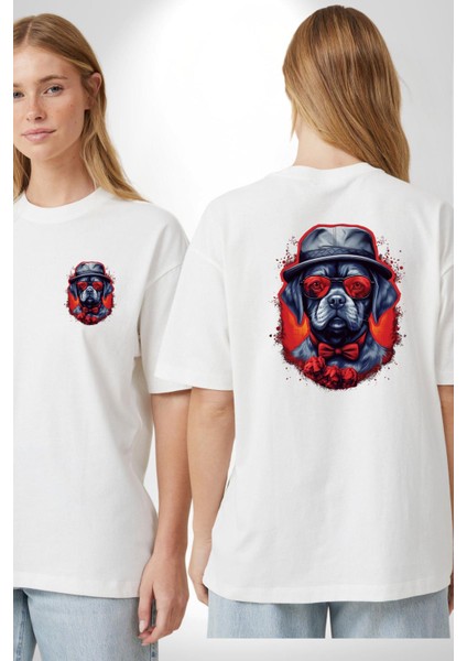 Romantik Gangster Köpek Şapkalı Güllü Beyaz Oversize Kadın Erkek Ön ve Sırt Baskılı Tişört fırsatları