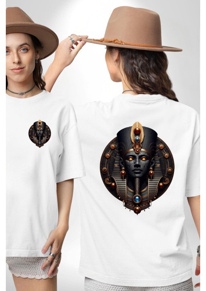 Amun Mısır Tanrısı Yaratıcının Gücü Sonsuz Işık Beyaz Oversize Kadın Erkek Ön ve Sırt Baskılı Tişört