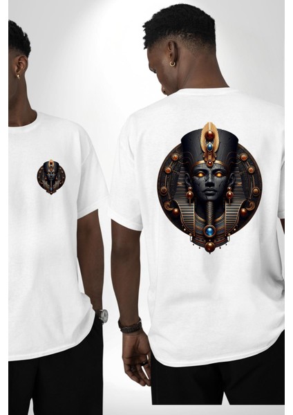 Amun Mısır Tanrısı Yaratıcının Gücü Sonsuz Işık Beyaz Oversize Kadın Erkek Ön ve Sırt Baskılı Tişört fırsatları