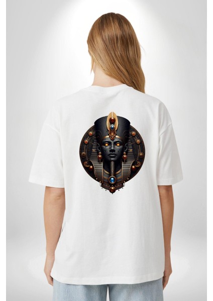 Amun Mısır Tanrısı Yaratıcının Gücü Sonsuz Işık Beyaz Oversize Kadın Erkek Ön ve Sırt Baskılı Tişört indirimleri