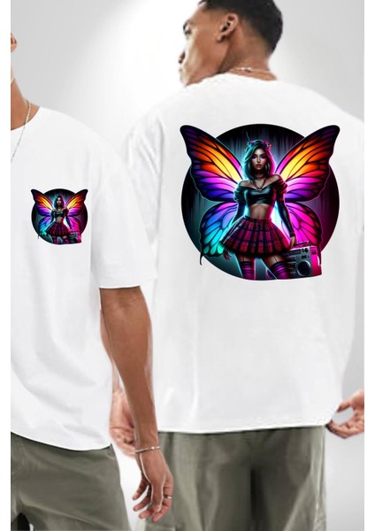 Crop Top Etek Retro Boom Box Plak Genç Kız Beyaz Oversize Kadın Erkek Ön ve Sırt Baskılı Tişört