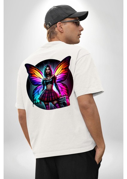 Crop Top Etek Retro Boom Box Plak Genç Kız Beyaz Oversize Kadın Erkek Ön ve Sırt Baskılı Tişört